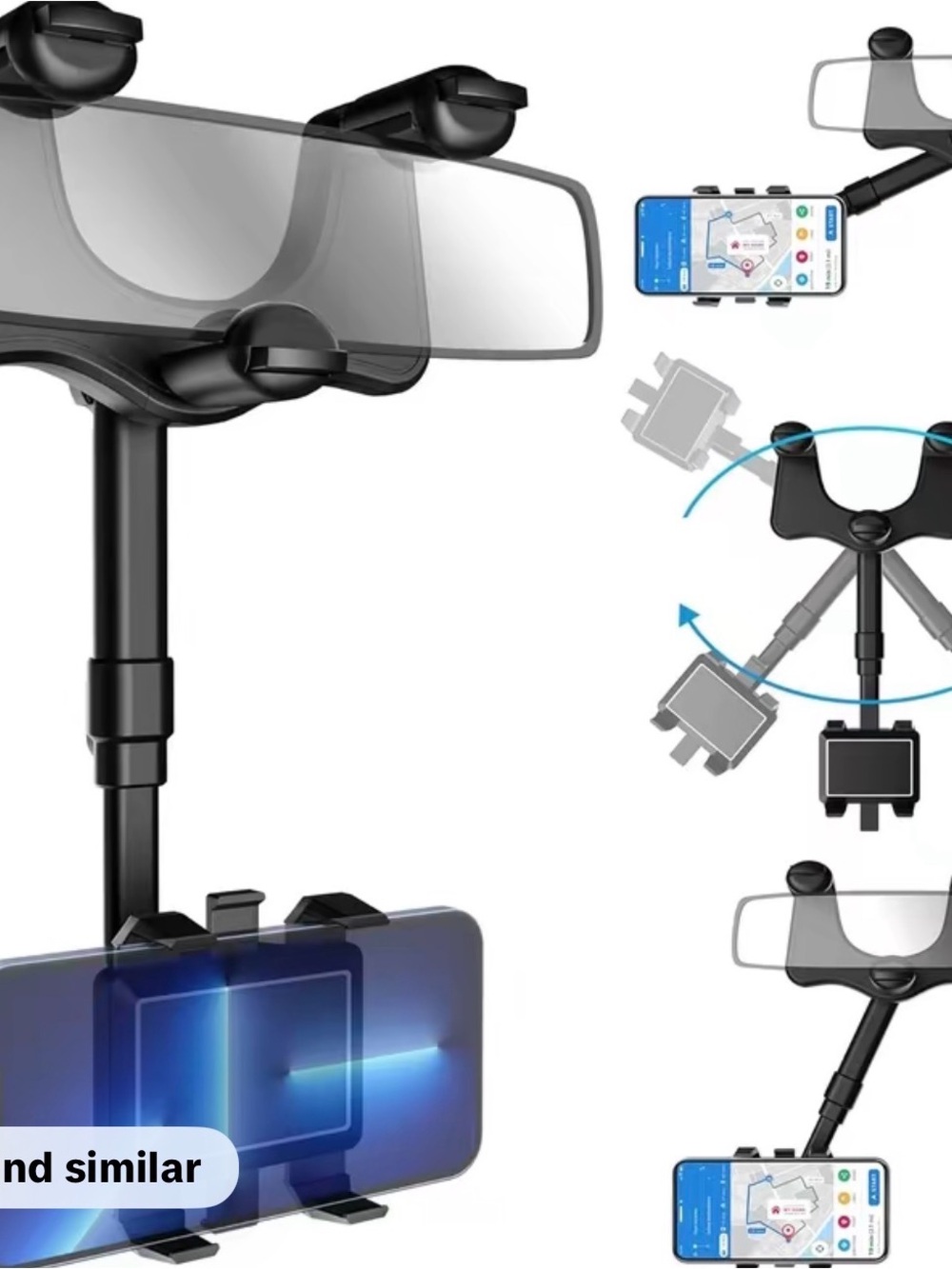 360° Adjustable Car Rear-View Mirror Phone Holder - Black
